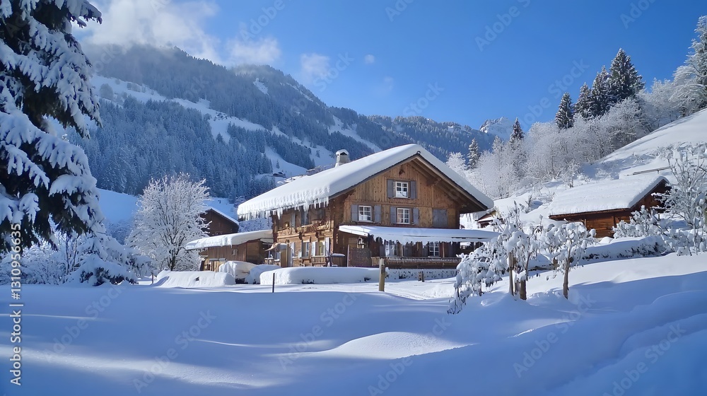 Cozy Wooden Chalet Surrounded by Snowy Winter Landscape Cozy Wooden Chalet Surrounded by Snowy Winter Landscape