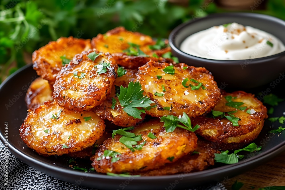 Golden crispy zucchini fritters, garnished with fresh parsley, served with creamy dipping sauce for a delicious appetizer or snack Golden crispy zucchini fritters, garnished with fresh parsley, served with creamy dipping sauce for a delicious appetizer or snack