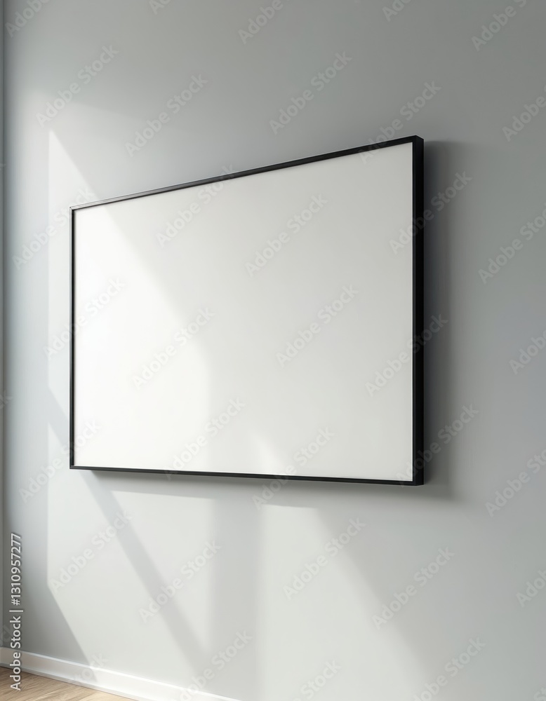 TV mockup on gray wall with light from window on the side. Flat white screen. Modern empty TV, blank digital display for template presentation, promo content or advertising use. TV mockup on gray wall with light from window on the side. Flat white screen. Modern empty TV, blank digital display for template presentation, promo content or advertising use.