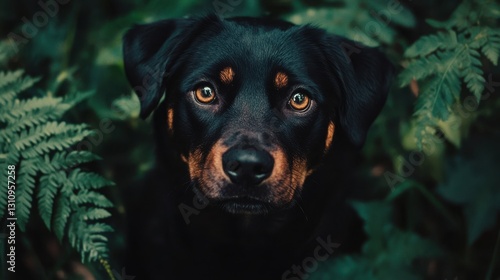 Rottweiler Dog Portrait in Lush Green Foliage