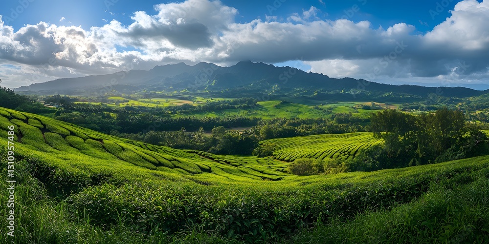 Lush Tea Plantation Valley Under Mountain Sky Lush Tea Plantation Valley Under Mountain Sky