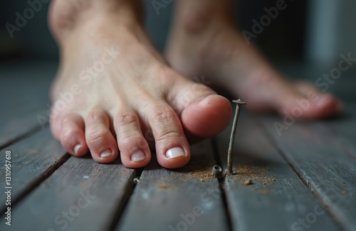 Close-up foot pierced by rusty nail on wooden surface. Risk of tetanus infection after skin injury, puncture wound with pain. First aid required immediately. Concept of injury at home. photo