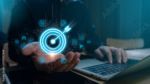 Fotografija A businessman presents concepts of business target planning, leadership development, and customer target groups, highlighting investment growth, success development, achievement, goals, strategy