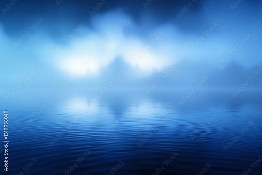 Obraz premium Calm blue lake with misty mountains in the background.