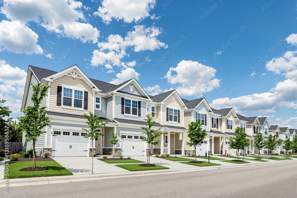 Row of modern townhouses on a sunny day with blue sky background. Row of modern townhouses on a sunny day with blue sky background.