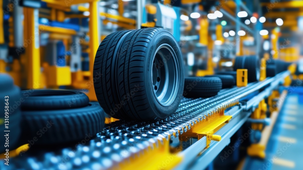 tire production line with rubber being shaped and molded into car tires. tire production line with rubber being shaped and molded into car tires.