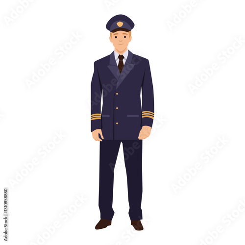 Young Airline Pilot in Uniform man. Flat vector illustration isolated on white background