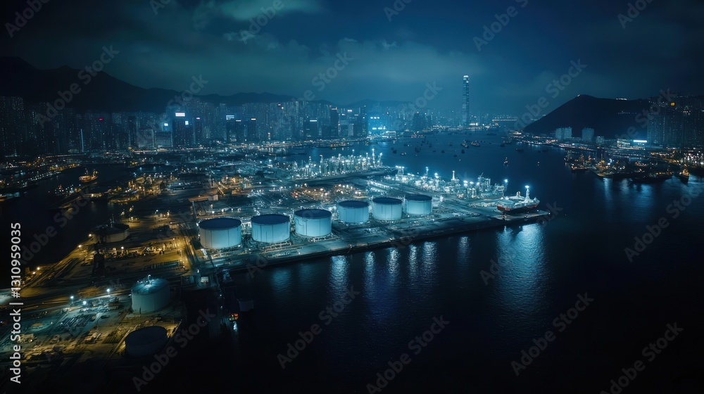 Fototapeta premium Night city harbor oil refinery industrial