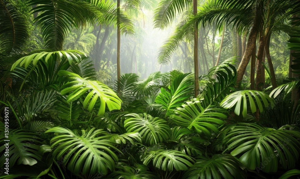 Fototapeta premium Lush tropical rainforest path with sunlight filtering through dense foliage