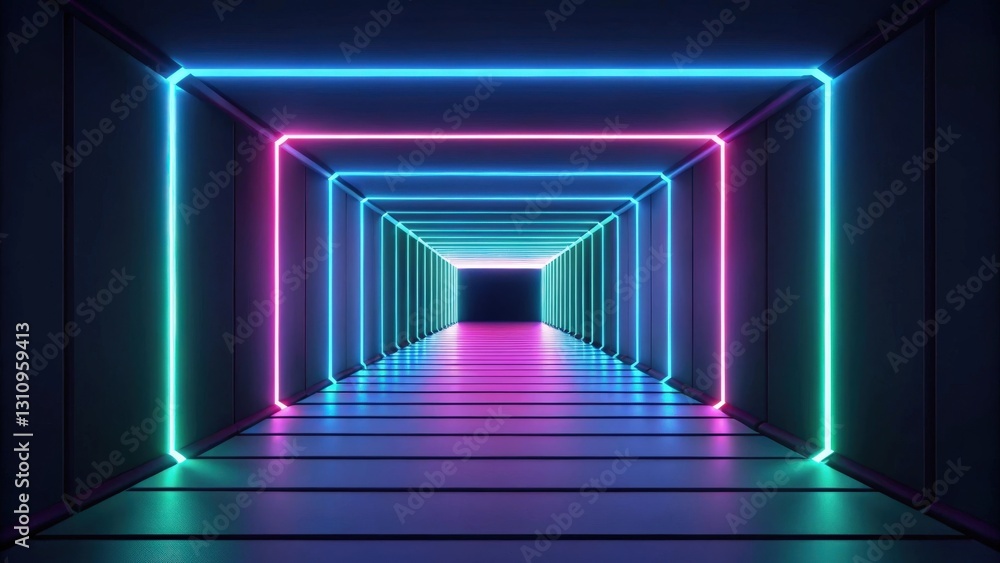 Fototapeta premium a neon tunnel of glowing lines, with vibrant blue, pink, and teal lights creating a futuristic atmosphere
