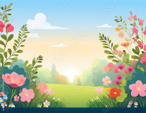 A lush vector-style garden background featuring vibrant flowers, green foliage