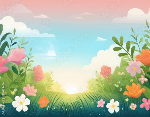 A lush vector-style garden background featuring vibrant flowers, green foliage