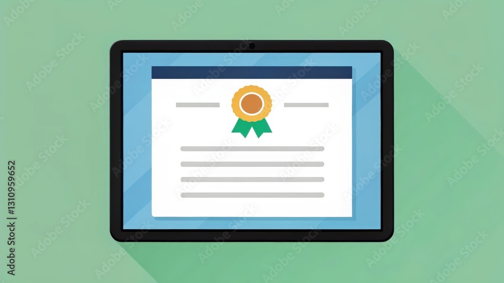 Fototapeta premium certificate displayed on a tablet screen, representing online education, achievement, and recognition