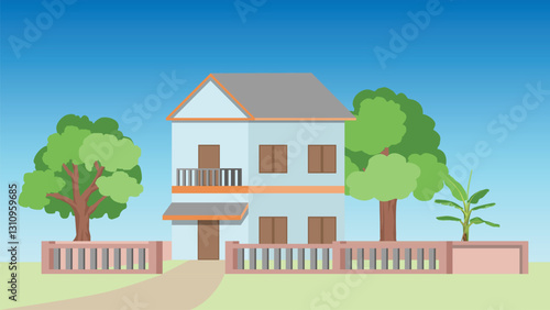 Vector or illustration of private two floor house. Background of big spring tree back side of house. Front of house with dirt paths and green grass. Fence around the area. Under clear blue sky