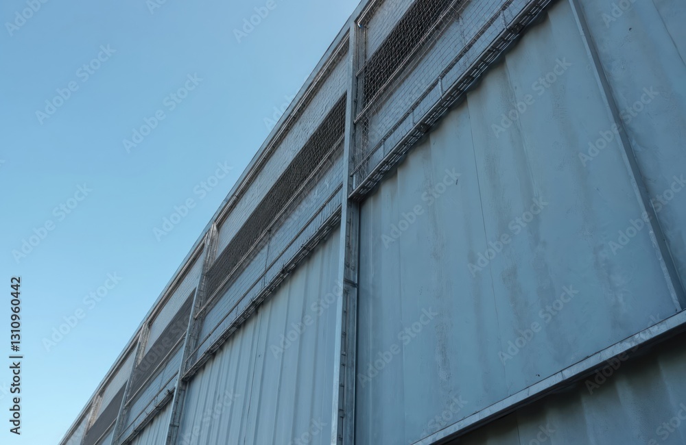 Obraz premium Low angle shot of industrial building cladding with expanded metal lattice structure, galvanized gray nets protect silver metal facade, against blue sky. Wall corner slanted sheet shows urban