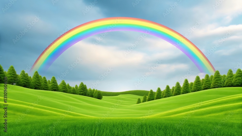 a vivid rainbow arcs across a vibrant green landscape with lush trees and blue sky a vivid rainbow arcs across a vibrant green landscape with lush trees and blue sky