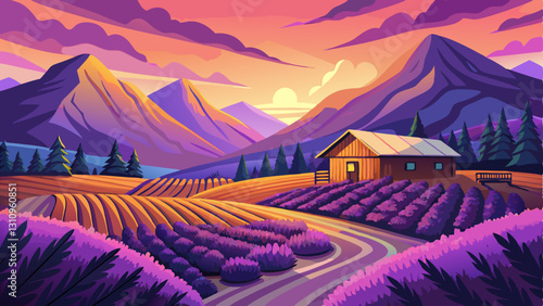 warm sunset over a mountain valley filled with endless purple lavender fields and small rustic wooden cabins.