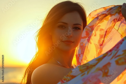 Elegant female face in the sunset dancing with a kite, kite fabric background.