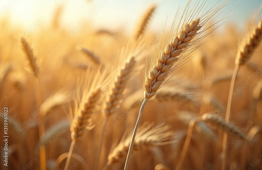 Obraz premium Golden wheat field with hay bales. Ripe wheat ears in cultivated field. Summer harvest backdrop, golden hour sunlight. Agricultural agronomy concept. Countryside landscape. Nature background. Grain