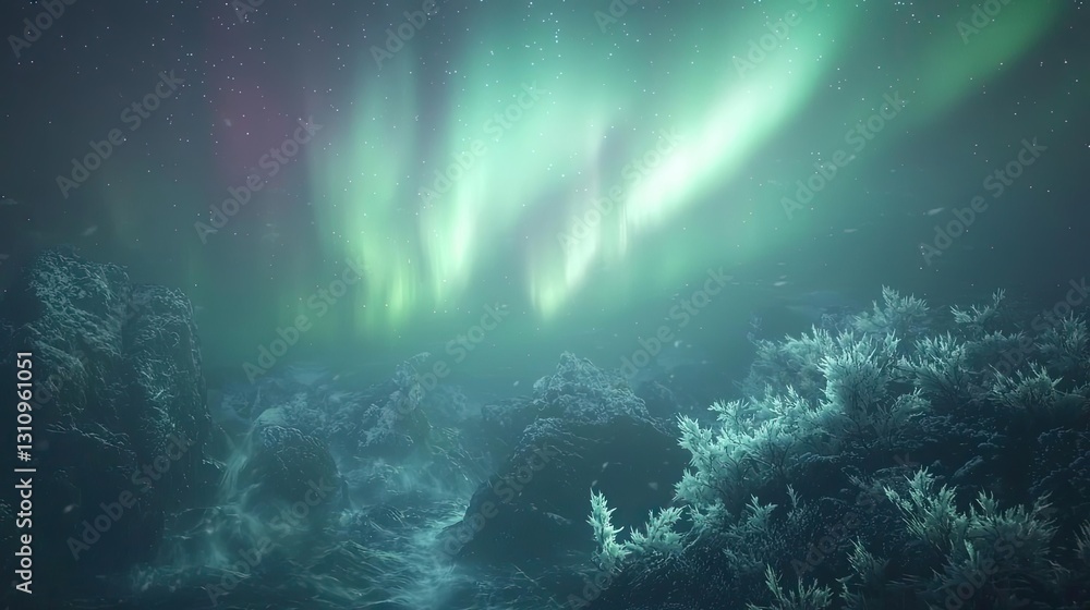 Obraz premium Aurora borealis northern lights concept. A mesmerizing aurora shines above the tranquil underwater landscape, creating an ethereal view.