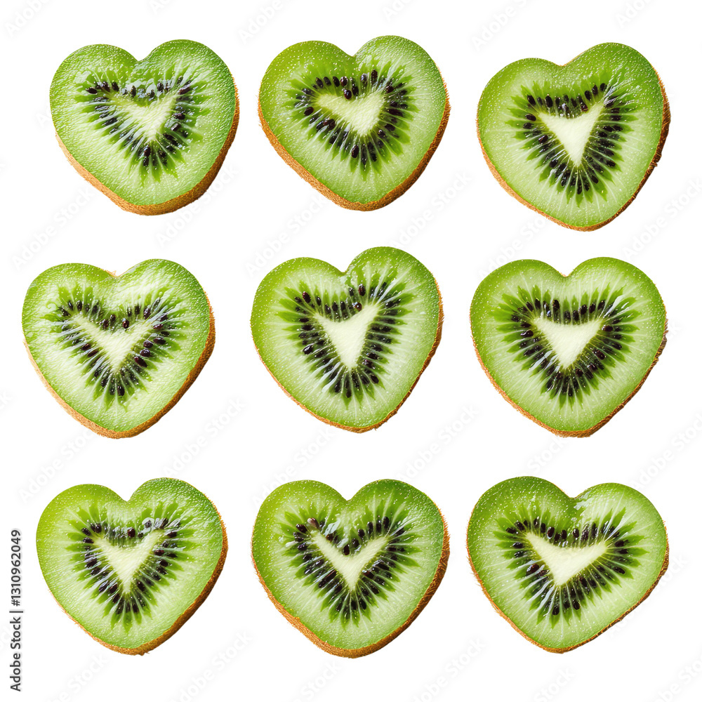 Fototapeta premium Fresh and Healthy Heart-Shaped Kiwi Slices Arranged in a Grid Pattern, Perfect for Dietary, Culinary, and Wellness Themes in Stock Photography
