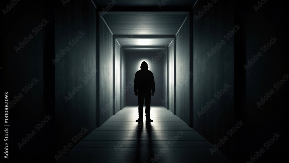 a silhouette of a person standing at the end of a long dark corridor, lit by a bright light a silhouette of a person standing at the end of a long dark corridor, lit by a bright light
