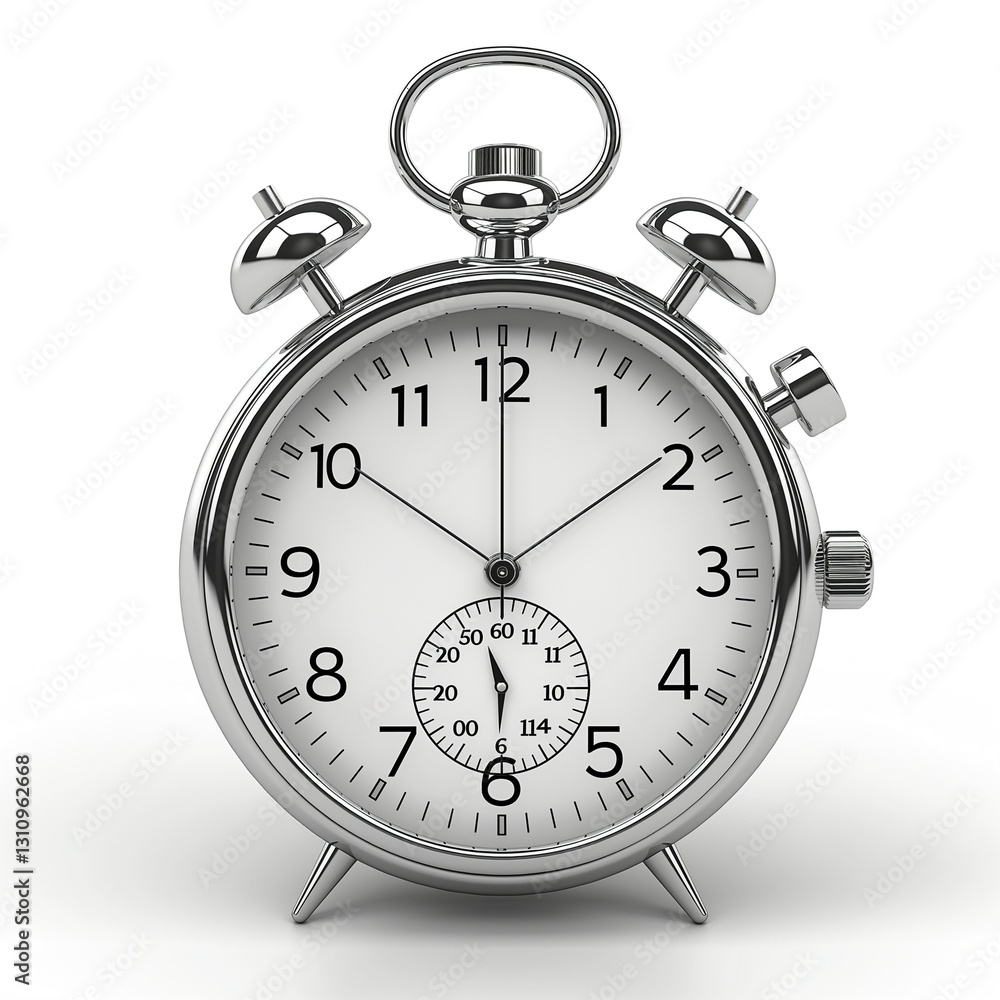 Classic silver stopwatch with distinct dials and clear markings against a white background. Classic silver stopwatch with distinct dials and clear markings against a white background.