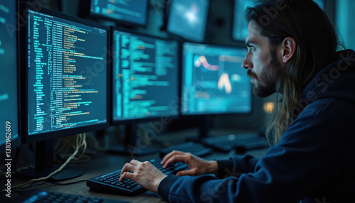 Software engineer types code on keyboard. Developer works with multiple monitors writing program code. IT professional creates new app or fix bugs in existing software. Coding, programming concept.