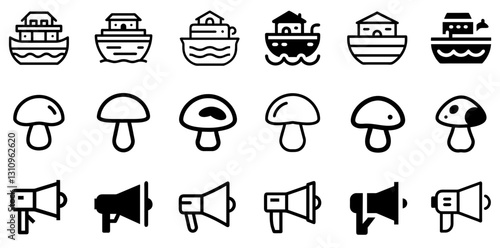  "Mushroom, Noah's Ark, and Loudhailer Icon Set – Unique Vector Symbols"