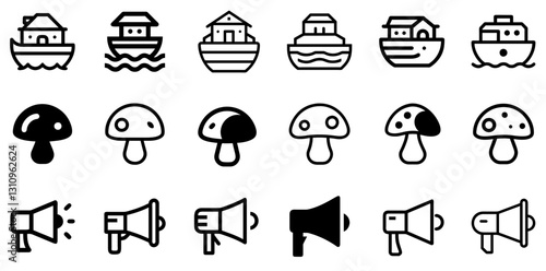  "Mushroom, Noah's Ark, and Loudhailer Icon Set – Unique Vector Symbols"