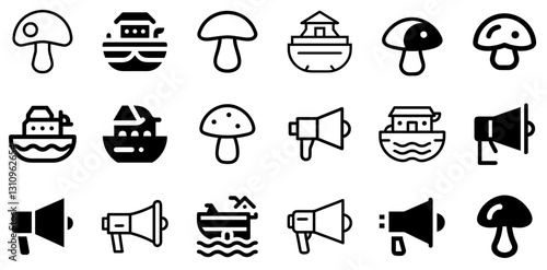  "Mushroom, Noah's Ark, and Loudhailer Icon Set – Unique Vector Symbols"