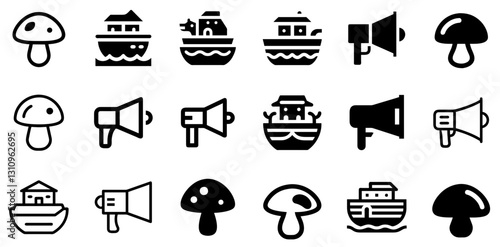  "Mushroom, Noah's Ark, and Loudhailer Icon Set – Unique Vector Symbols"