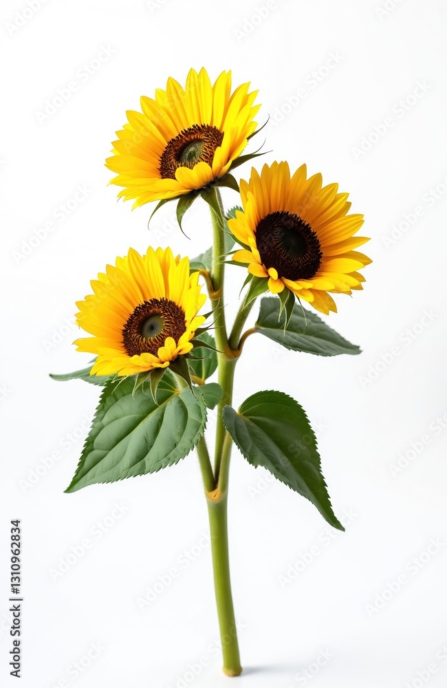 Obraz premium Three vibrant yellow sunflowers with green leaves in fresh summer bouquet isolated on white background. Decorative element of new growth, stem, small details for seasonal design.