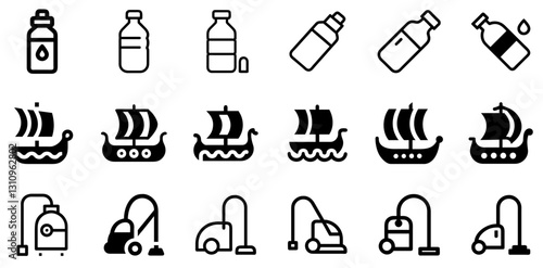 "Water Bottle, Viking Ship, Vacuum Cleaner Icon Set – Vector Design Symbols"