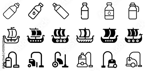 "Water Bottle, Viking Ship, Vacuum Cleaner Icon Set – Vector Design Symbols"