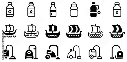 "Water Bottle, Viking Ship, Vacuum Cleaner Icon Set – Vector Design Symbols"