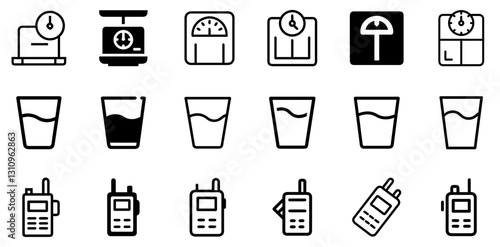 "Weighing Scales, Water Glass, and Walkie Talkie Icon Set – Modern Vector Symbols"