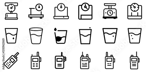 "Weighing Scales, Water Glass, and Walkie Talkie Icon Set – Modern Vector Symbols"
