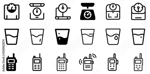 "Weighing Scales, Water Glass, and Walkie Talkie Icon Set – Modern Vector Symbols"