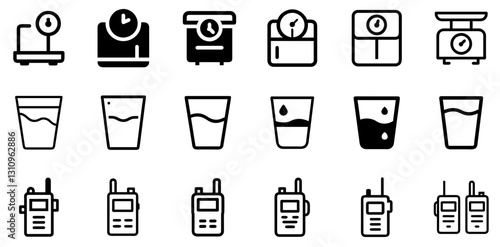 "Weighing Scales, Water Glass, and Walkie Talkie Icon Set – Modern Vector Symbols"