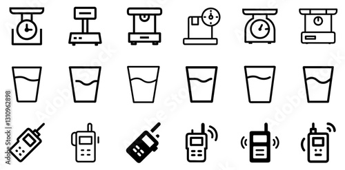 "Weighing Scales, Water Glass, and Walkie Talkie Icon Set – Modern Vector Symbols"