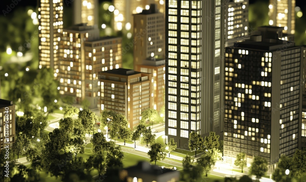 Miniature city model at night with illuminated buildings and trees Miniature city model at night with illuminated buildings and trees