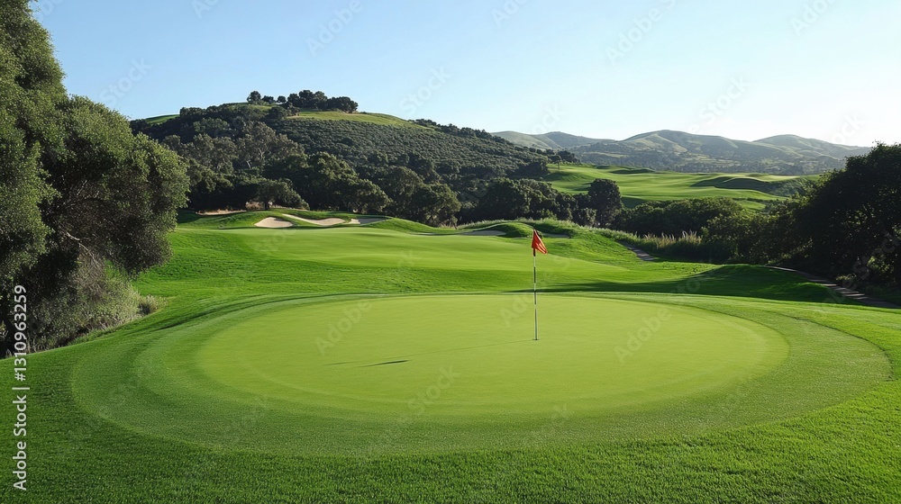 Naklejka premium Serene golf course featuring a flag marking the hole surrounded by rolling green hills and ample space for branding Generative AI