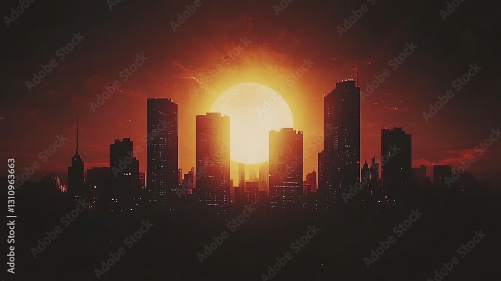 Naklejka premium A dramatic sunset behind silhouetted skyscrapers creates a striking urban landscape.