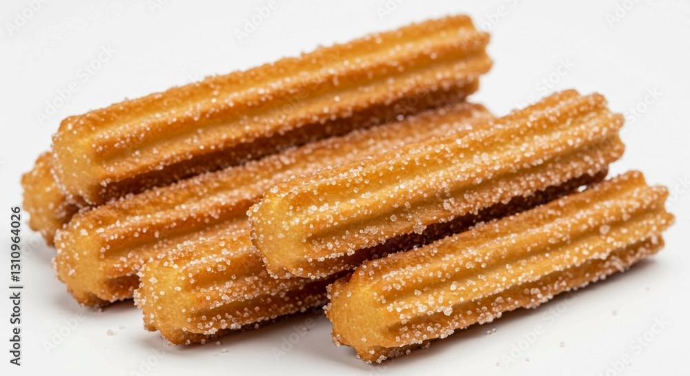 A pile of churros coated in sugar, isolated on a white background, highlighting their haphazard arrangement and golden hue A pile of churros coated in sugar, isolated on a white background, highlighting their haphazard arrangement and golden hue