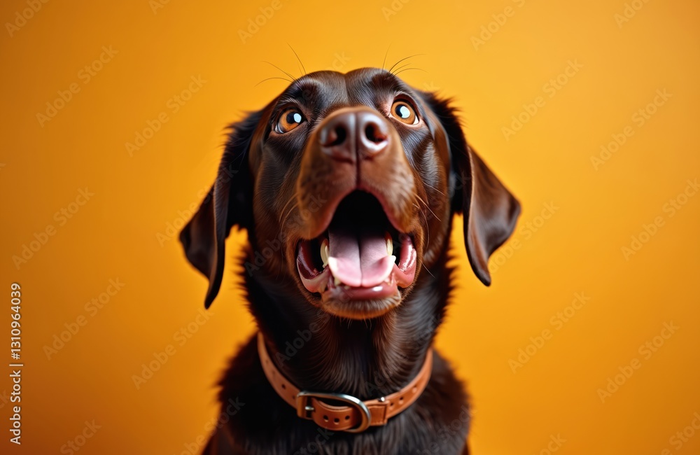 Fototapeta premium Close up of surprised brown dog with wide open mouth and eyes on solid orange background. Puppy emotions and reactions. Funny expressive chocolate labrador pet portrait with copy space.