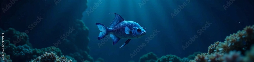 Deep blue anglerfish floating alone in the dark ocean depths, underwater scene, solitary fish Deep blue anglerfish floating alone in the dark ocean depths, underwater scene, solitary fish