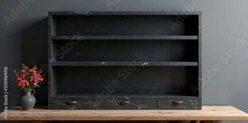 Dark wooden bookstand with empty shelves made of black granite sits alone on a minimalist desk, dark leather books, reading nook photo