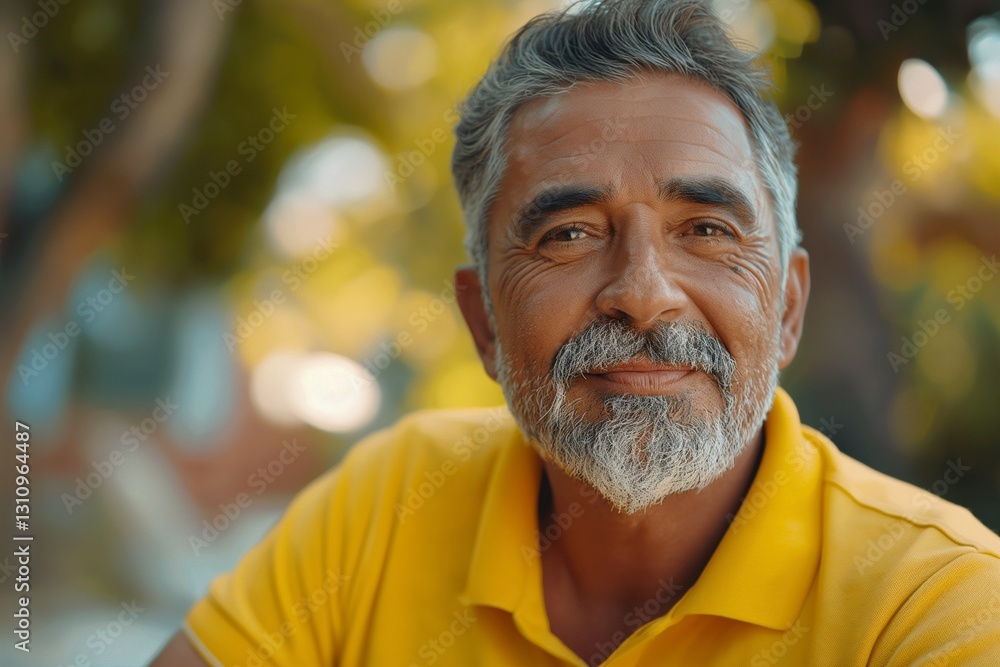 Smiling senior man of Middle-Eastern descent enjoying a sunny day, wearing a vibrant yellow shirt. Smiling senior man of Middle-Eastern descent enjoying a sunny day, wearing a vibrant yellow shirt.