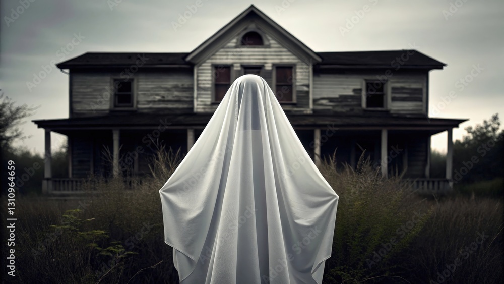 a spooky ghost stands in front of a haunted house, creating a chilling atmosphere. The house is old and run down, with a dark sky and a spooky vibe a spooky ghost stands in front of a haunted house, creating a chilling atmosphere. The house is old and run down, with a dark sky and a spooky vibe